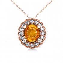 Citrine & Diamond Floral Oval Pendant 14k Rose Gold (2.98ct)