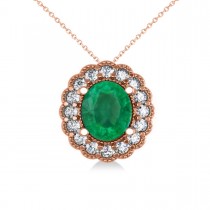 Emerald & Diamond Floral Oval Pendant Necklace 14k Rose Gold (2.98ct)