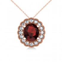 Garnet & Diamond Floral Oval Pendant Necklace 14k Rose Gold (2.98ct)