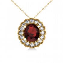 Garnet & Diamond Floral Oval Pendant Necklace 14k Yellow Gold (2.98ct)