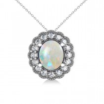 Opal & Diamond Floral Oval Pendant 14k White Gold (2.98ct)
