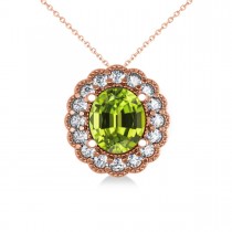 Peridot & Diamond Floral Oval Pendant Necklace 14k Rose Gold (2.98ct)