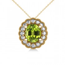 Peridot & Diamond Floral Oval Pendant Necklace 14k Yellow Gold (2.98ct)