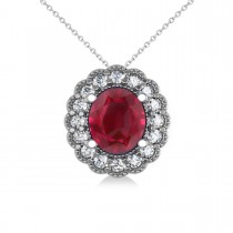 Ruby & Diamond Floral Oval Pendant 14k White Gold (2.98ct)