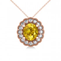 Yellow Sapphire & Diamond Floral Oval Pendant Necklace 14k Rose Gold (2.98ct)