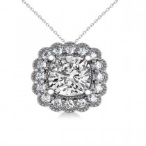 Diamond Floral Cushion Pendant Necklace 14k White Gold (2.52ct)