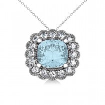 Aquamarine & Diamond Floral Cushion Pendant Necklace 14k White Gold (2.41ct)