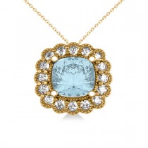 Aquamarine & Diamond Floral Cushion Pendant Necklace 14k Yellow Gold (2.41ct)