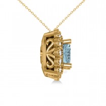 Aquamarine & Diamond Floral Cushion Pendant Necklace 14k Yellow Gold (2.41ct)