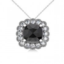 Black Diamond & Diamond Floral Cushion Pendant Necklace 14k White Gold (2.52ct)