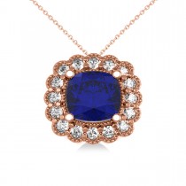 Blue Sapphire & Diamond Floral Cushion Pendant Necklace 14k Rose Gold (3.16ct)