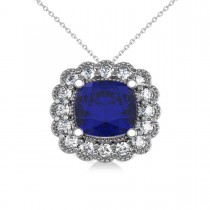 Blue Sapphire & Diamond Floral Cushion Pendant Necklace 14k White Gold (3.16ct)