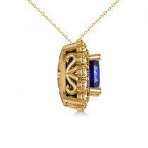 Blue Sapphire & Diamond Floral Cushion Pendant Necklace 14k Yellow Gold (3.16ct)