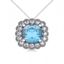Blue Topaz & Diamond Floral Cushion Pendant Necklace 14k White Gold (3.28ct)