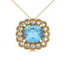 Blue Topaz & Diamond Floral Cushion Pendant Necklace 14k Yellow Gold (3.28ct)