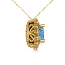 Blue Topaz & Diamond Floral Cushion Pendant Necklace 14k Yellow Gold (3.28ct)