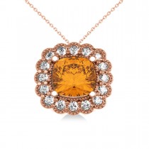 Citrine & Diamond Floral Cushion Pendant Necklace 14k Rose Gold (2.43ct)