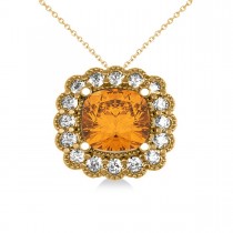 Citrine & Diamond Floral Cushion Pendant Necklace 14k Yellow Gold (2.43ct)