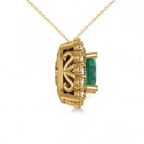 Emerald & Diamond Floral Cushion Pendant Necklace 14k Yellow Gold (2.30ct)