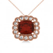 Garnet & Diamond Floral Cushion Pendant Necklace 14k Rose Gold (3.23ct)