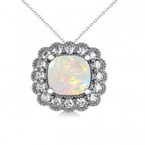 Opal & Diamond Floral Cushion Pendant Necklace 14k White Gold (1.68ct)
