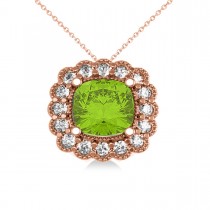 Peridot & Diamond Floral Cushion Pendant Necklace 14k Rose Gold (2.88ct)