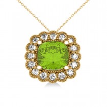 Peridot & Diamond Floral Cushion Pendant Necklace 14k Yellow Gold (2.88ct)