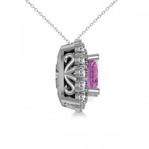 Pink Sapphire & Diamond Floral Cushion Pendant Necklace 14k White Gold (3.16ct)