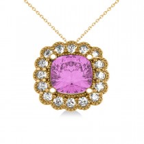 Pink Sapphire & Diamond Floral Cushion Pendant Necklace 14k Yellow Gold (3.16ct)