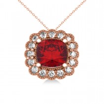 Ruby & Diamond Floral Cushion Pendant Necklace 14k Rose Gold (3.16ct)