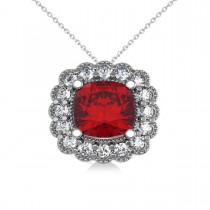 Ruby & Diamond Floral Cushion Pendant Necklace 14k White Gold (3.16ct)