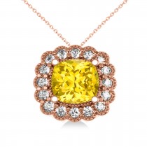 Yellow Sapphire & Diamond Floral Cushion Pendant Necklace 14k Rose Gold (3.16ct)