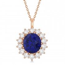 Oval Lab Blue Sapphire & Diamond Pendant Necklace 18k Rose Gold (5.40ctw)