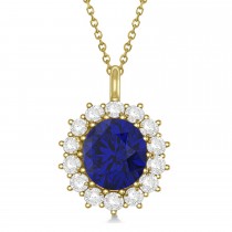 Oval Lab Blue Sapphire & Diamond Pendant Necklace 18k Yellow Gold (5.40ctw)
