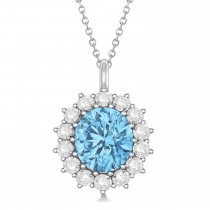Oval Blue Topaz & Diamond Pendant Necklace 18K White Gold (5.40ctw)