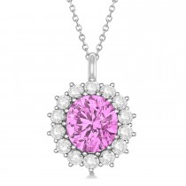 Oval Lab Pink Sapphire & Diamond Pendant Necklace 18K White Gold (5.40ctw)