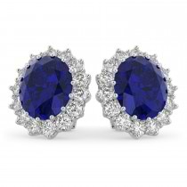 Oval Lab Blue Sapphire & Diamond Accented Earrings 14k White Gold (10.80ctw)