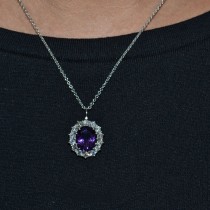 Oval Amethyst & Diamond Halo Pendant Necklace 14k White Gold (6.40ct)