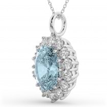 Oval Aquamarine & Diamond Halo Pendant Necklace 14k White Gold (6.40ct)