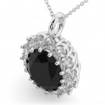 Oval Black Diamond & Diamond Halo Pendant Necklace 14k White Gold (6.40ct)