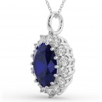 Oval Blue Sapphire & Diamond Halo Pendant Necklace 14k White Gold (6.40ct)