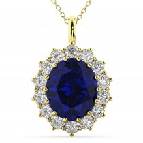 Oval Blue Sapphire & Diamond Halo Pendant Necklace 14k Yellow Gold (6.40ct)