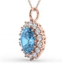 Oval Blue Topaz & Diamond Halo Pendant Necklace 14k Rose Gold (6.40ct)