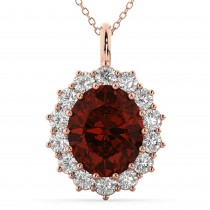 Oval Garnet & Diamond Halo Pendant Necklace 14k Rose Gold (6.40ct)