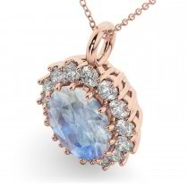 Oval Moonstone & Diamond Halo Pendant Necklace 14k Rose Gold (6.40ct)