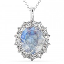 Oval Moonstone & Diamond Halo Pendant Necklace 14k White Gold (6.40ct)