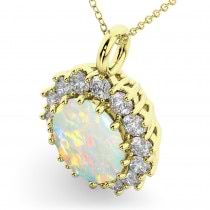 Oval Opal & Diamond Halo Pendant Necklace 14k Yellow Gold (6.40ct)