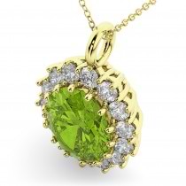 Oval Peridot & Diamond Halo Pendant Necklace 14k Yellow Gold (6.40ct)