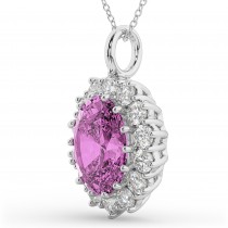 Oval Pink Sapphire & Diamond Halo Pendant Necklace 14k White Gold (6.40ct)