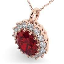 Oval Ruby & Diamond Halo Pendant Necklace 14k Rose Gold (6.40ct)